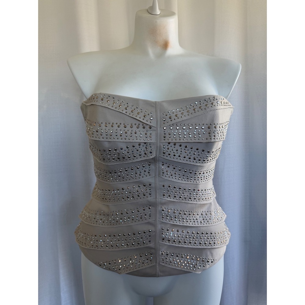 White House Black Market Strapless Corset Top Women's 10 Beige Rhinestone Studs